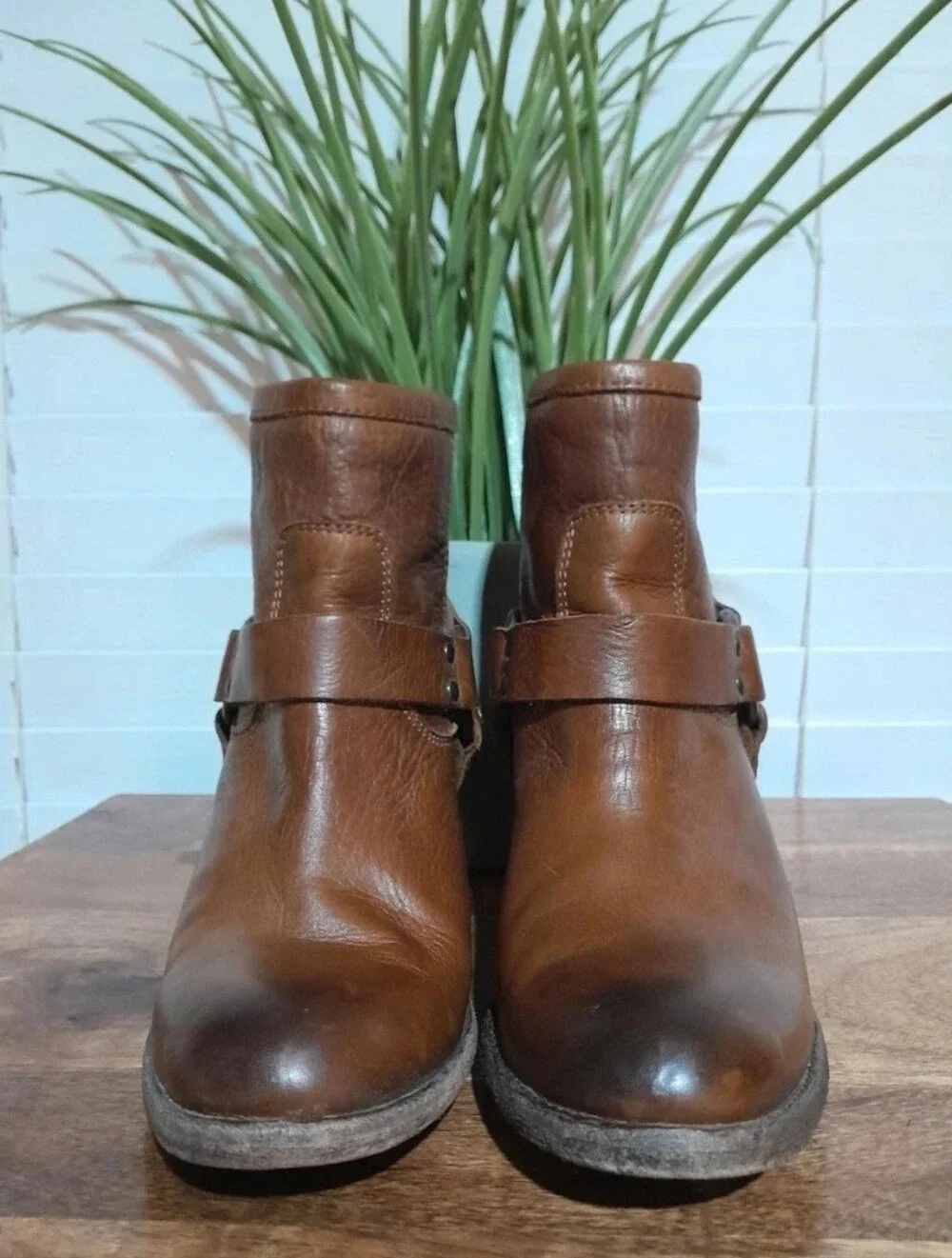 Frye Brown Leather Ankle Boots with Harness Strap
